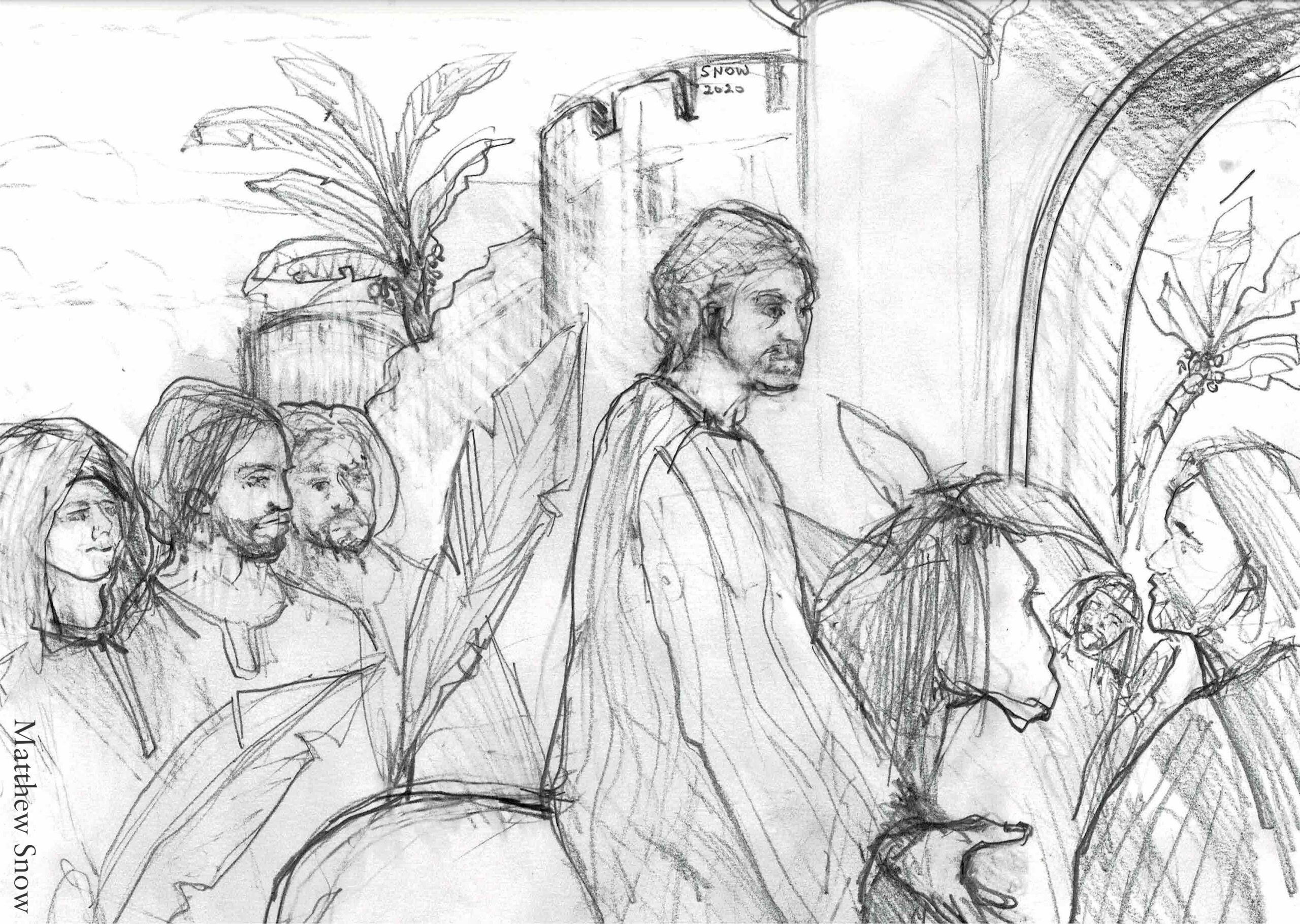 Drawing of Jesus entering Jerusalem