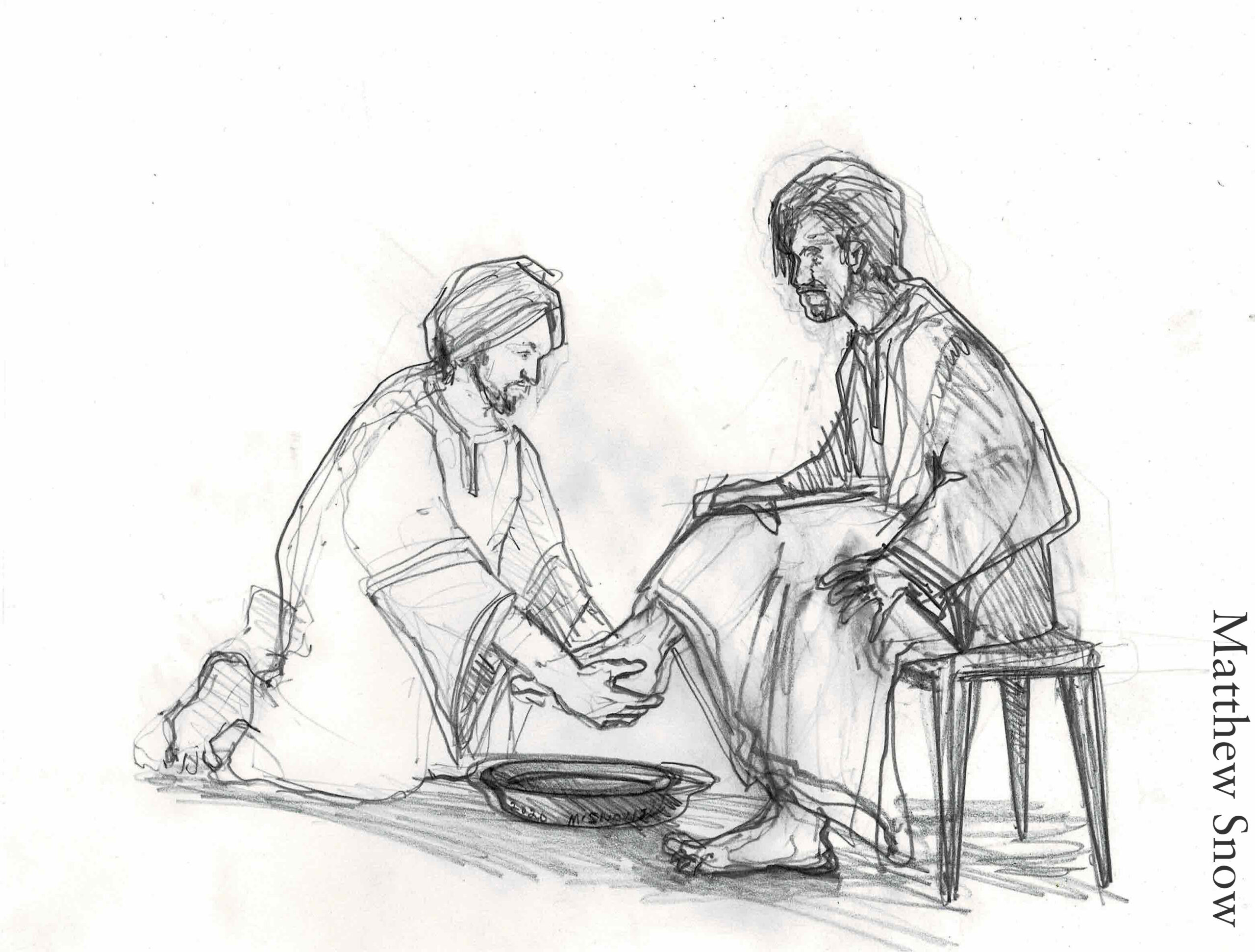 Drawing of Jesus washing a disciple's feet
