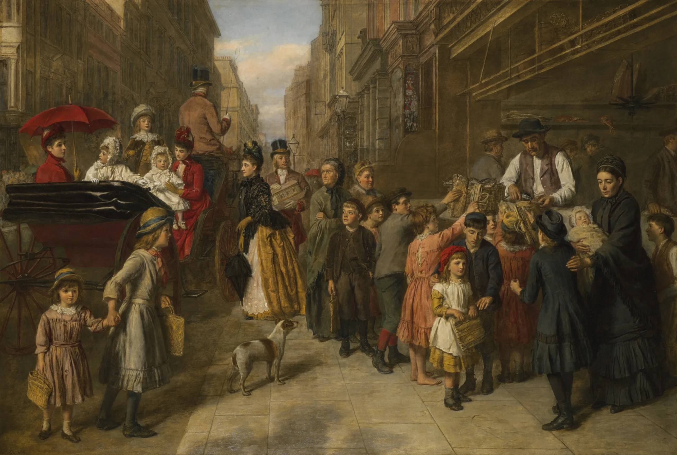 painting showing a group of wealth people on the left and a group of poor people on the right in Victorian England