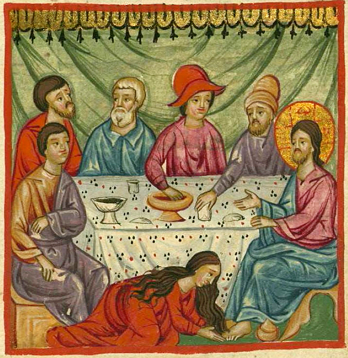 Manuscript illumination: Mary Anoints Christ's Feet, by Ilyas Basim Khuri Bazzi Rahib