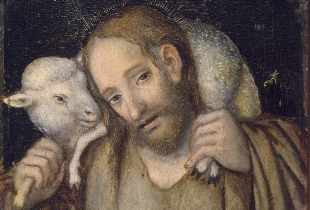 detail of painting: Christ as the Good Shepherd, by Lucas Cranach