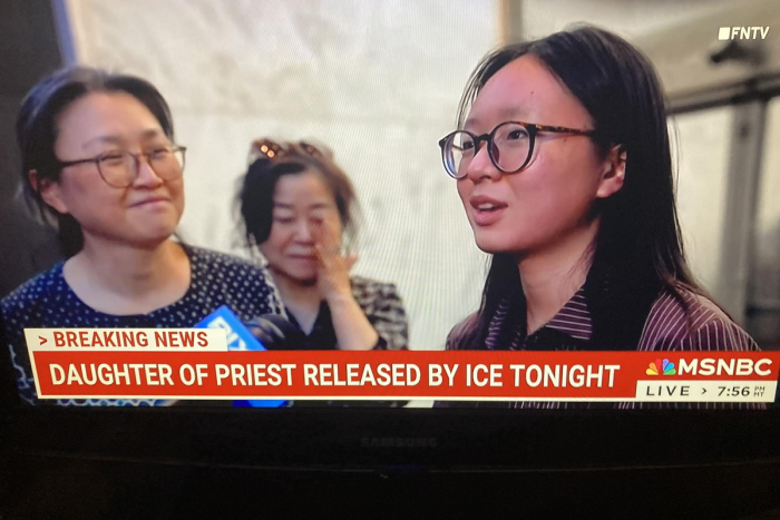 Still photo of MSNBC broadcast showing Yeonsoo Go and her mother, the Rev. Kyrie Kim.