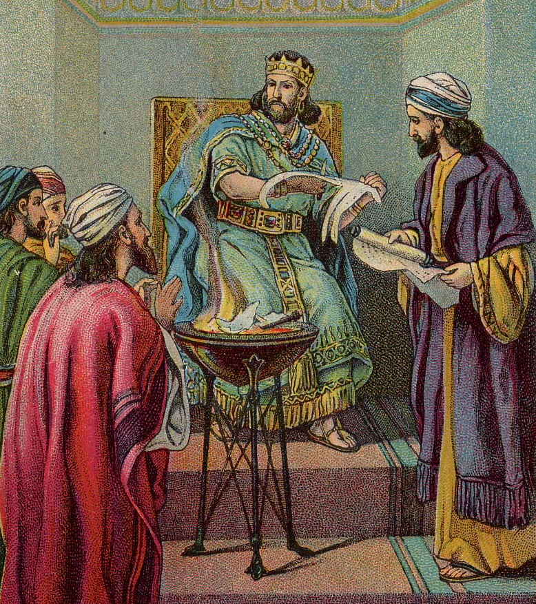 illustration: Jehoiakim burns Jeremiah's scroll; as in the Book of Jeremiah 36:21–32 (illustration from a Bible card published in 1904 by the Providence Lithograph Company)