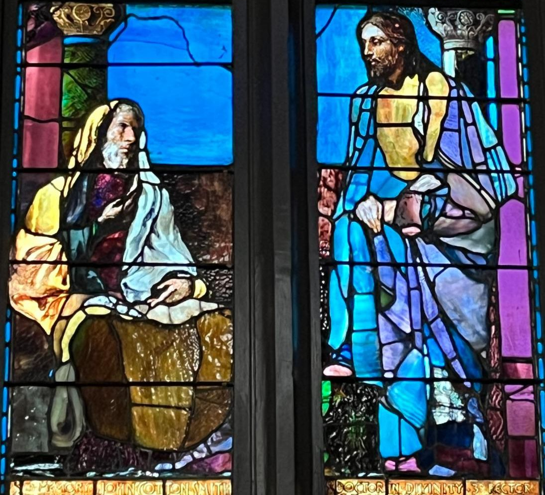 stained glass: Nicodemus visiting Jesus in the night