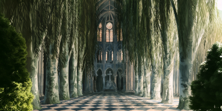 rendering of a cathedral made of willows